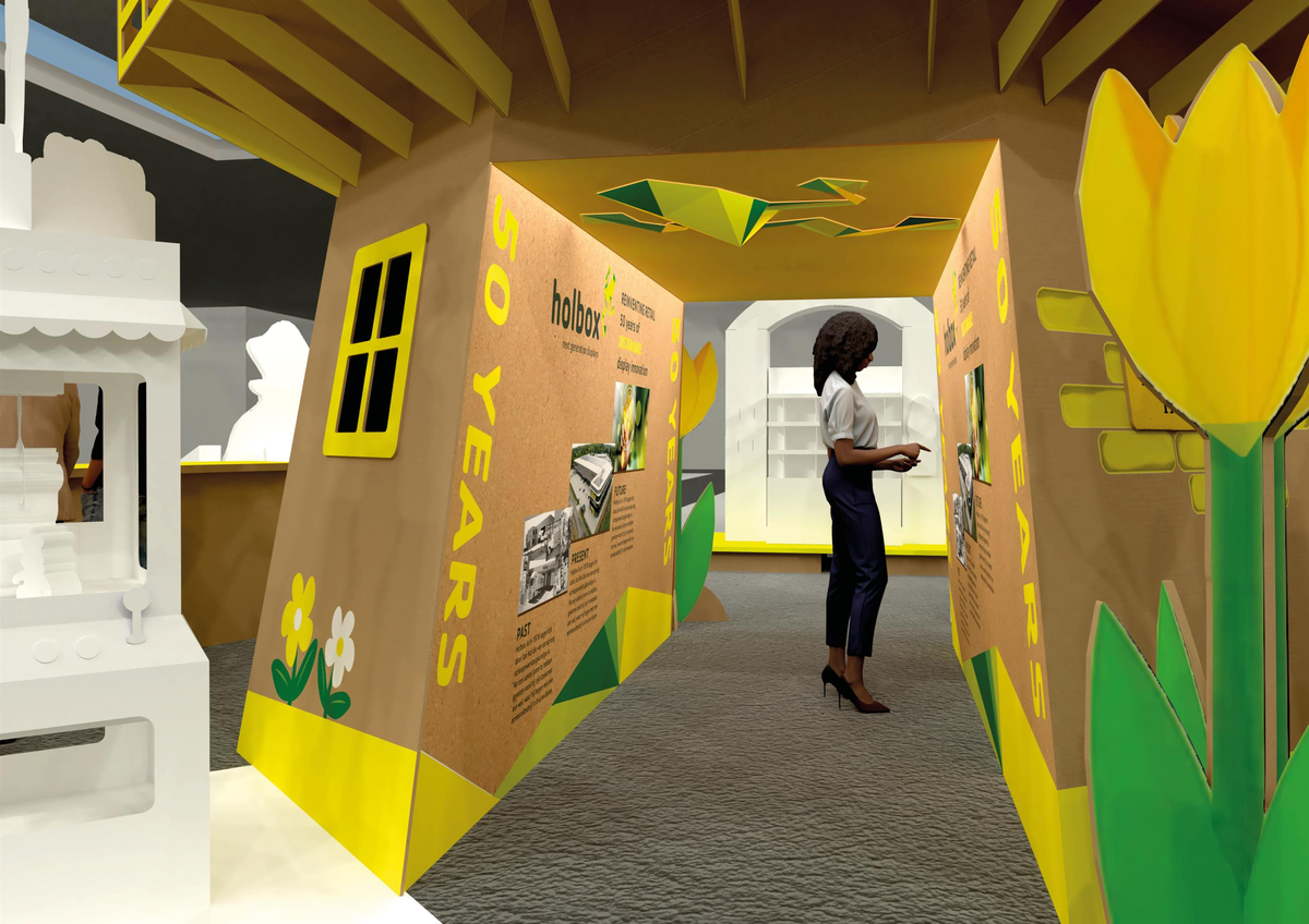 Visualisatie binnenkant beursstand EuroShop 2026 - Holbox