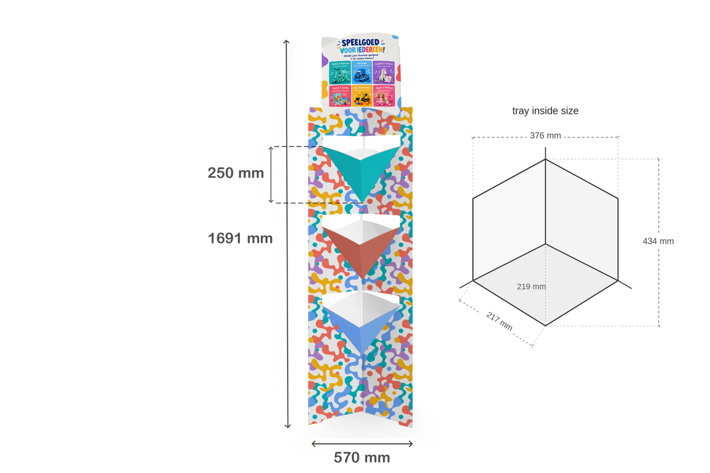 Tower Dumpbin – 3 productvakken – voorkant inclusief maatvoering Tower Dumpbin – 3 productvakken – voorkant inclusief maatvoering
