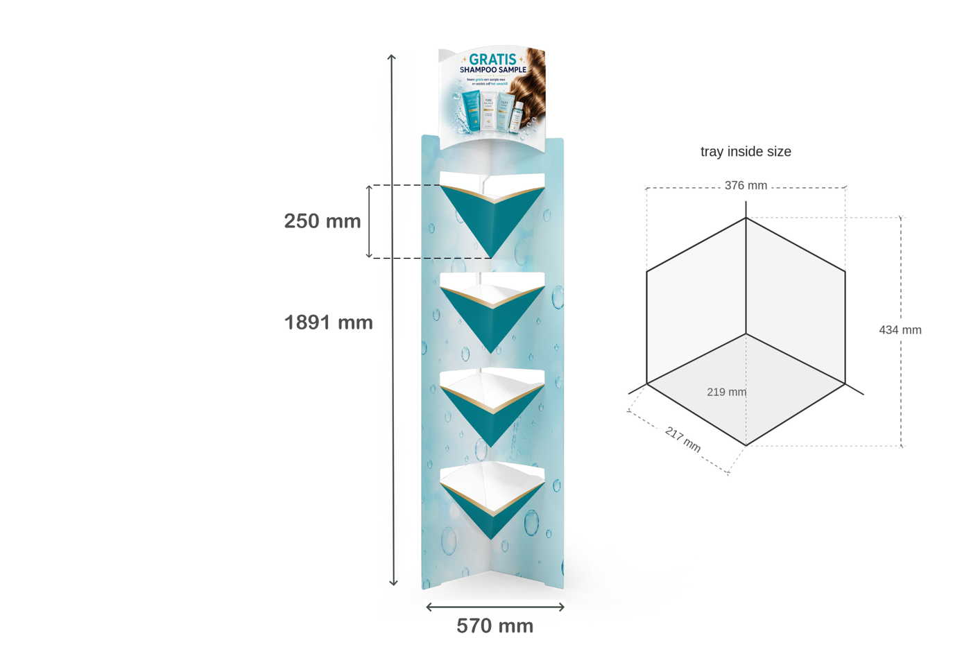 Tower Dumpbin – 4 productvakken – voorkant inclusief maatvoering Tower Dumpbin – 4 productvakken – voorkant inclusief maatvoering